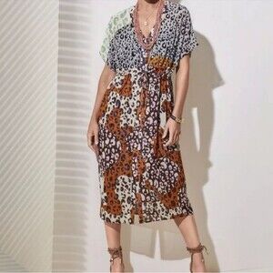 Cabi Multicolor Escape Dress Multicolored Kimono Style Sheer Animal Print Size M